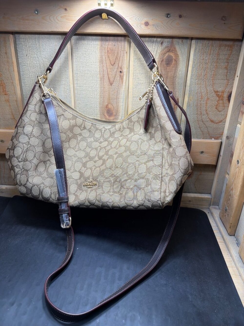 Coach F58284 Signature Jacquard Khaki Brown Hobo Crossbody Shoulder Bag Women